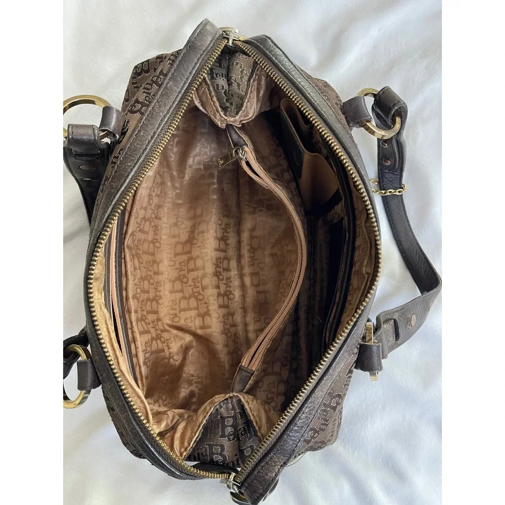 Bonia Monogram Canvas Satchel Bag Brown Leather Trim Gold Hardware Studded